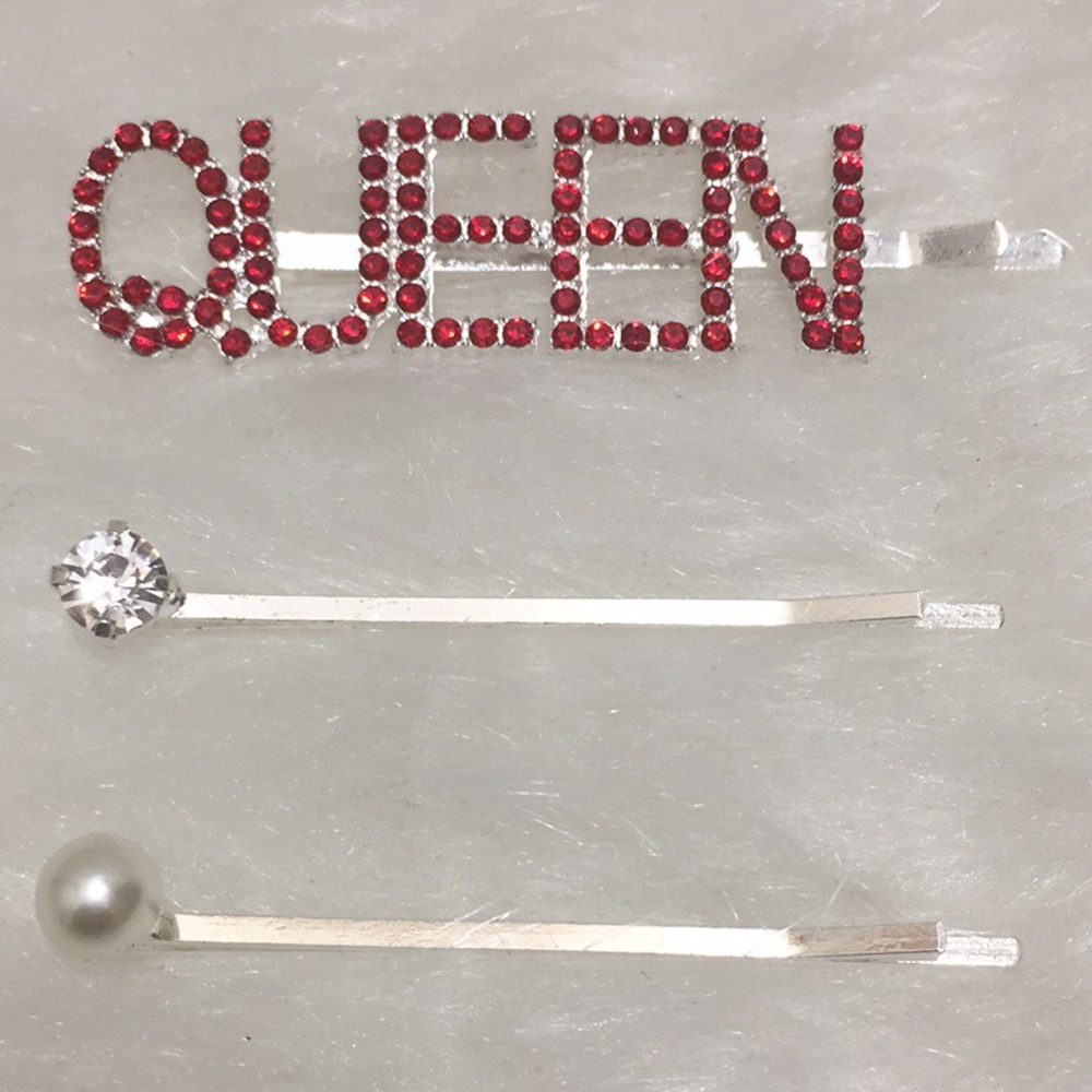 🌹3pc 3/$15 Ruby Red Rhinestone QUEEN Bobby Pins